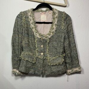 Rebecca Taylor Green Tweed Blazer with Fringe